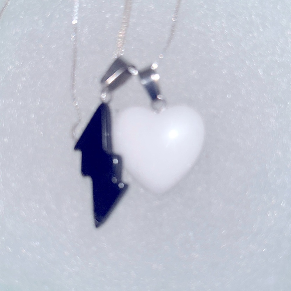 Boho hippie Milky Quartz Heart and Onyx Lightning sterling silver 16” Necklace